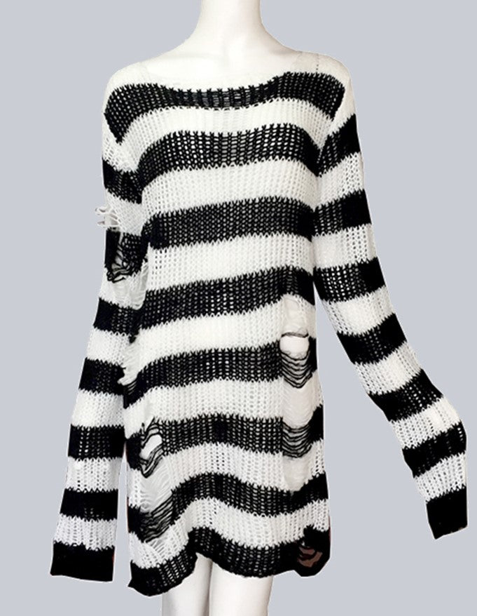 Distressed Striped Long Thin Pull over Knit Sweater