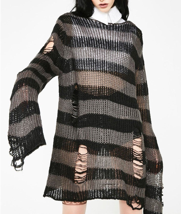 Distressed Striped Long Thin Pull over Knit Sweater