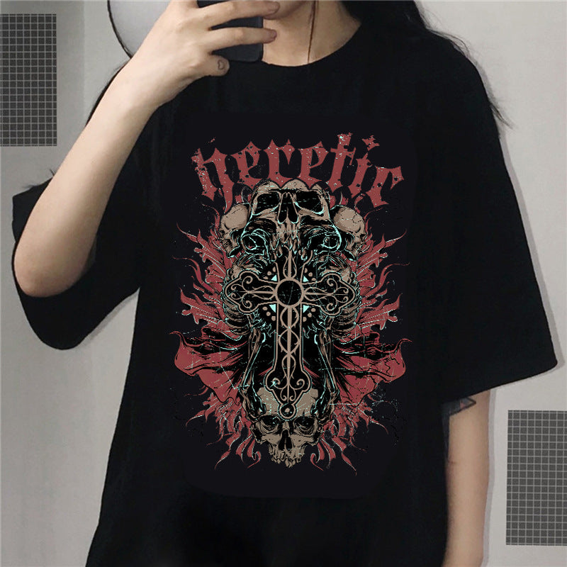 Gothic Style Print Round Neck Loose T-shirt Short Sleeve