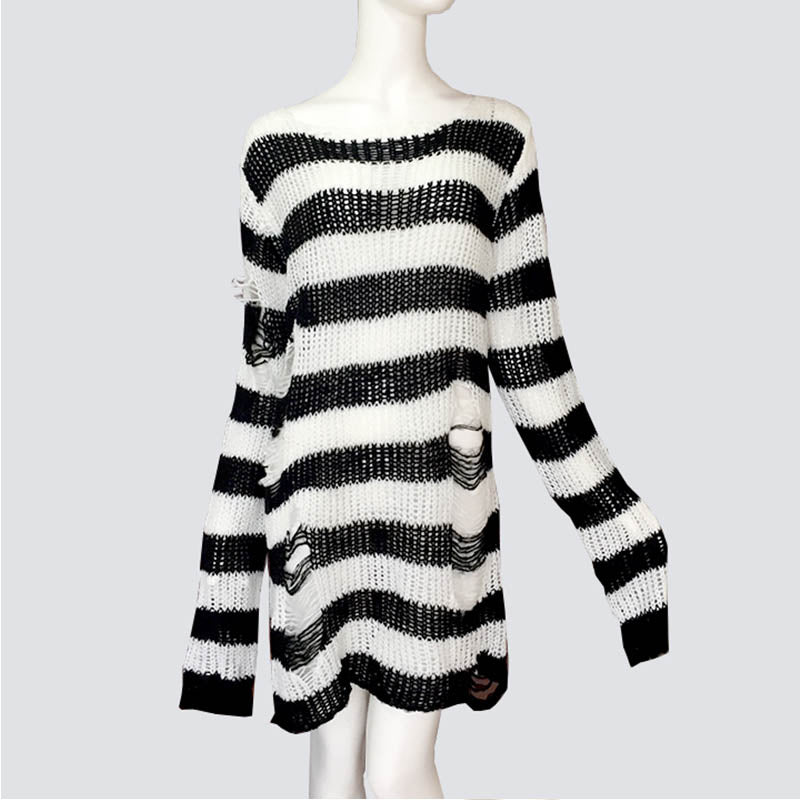 Distressed Striped Long Thin Pull over Knit Sweater