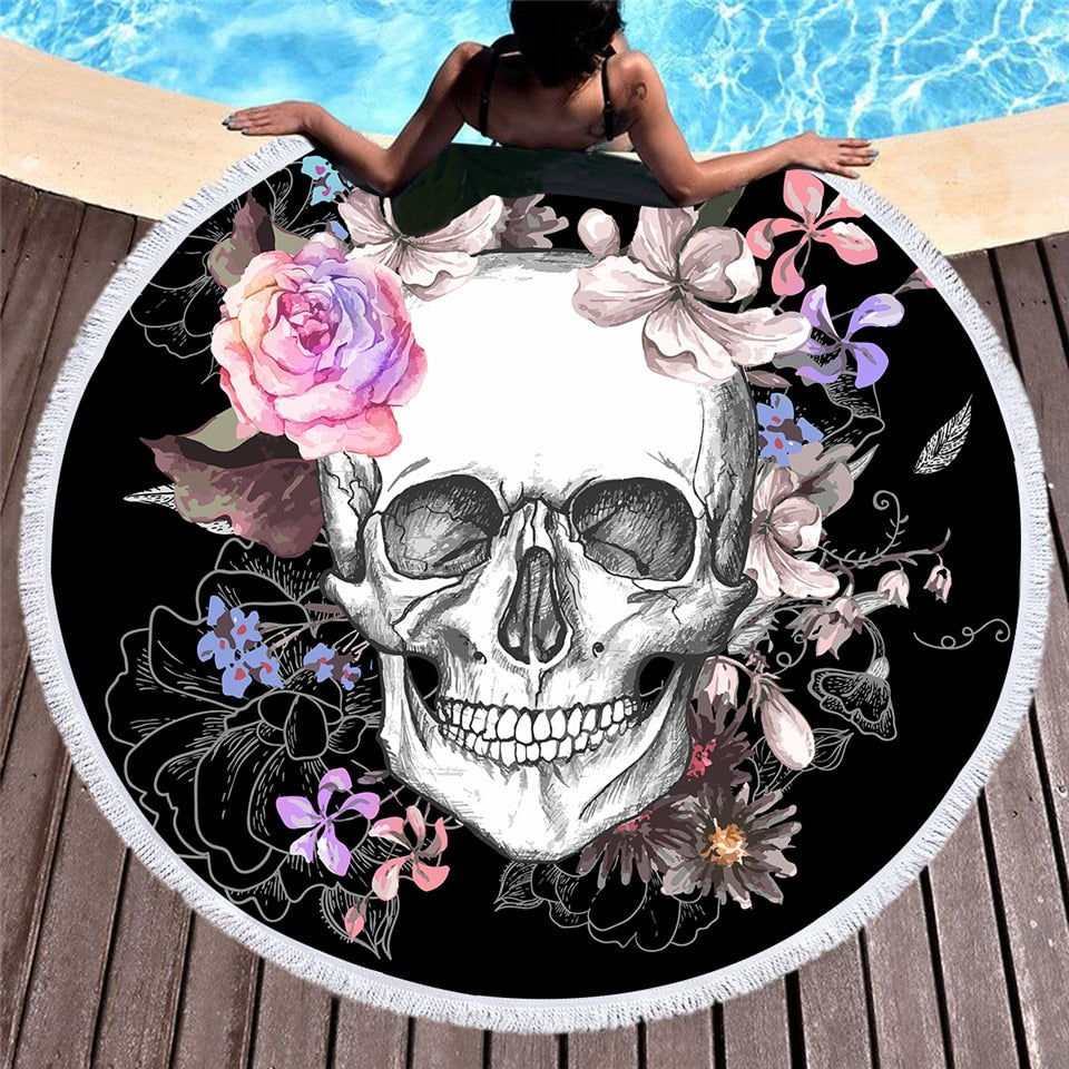 Round Floral Skull Beach Towel