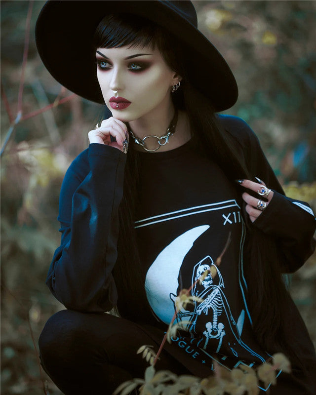 Death Card Round Neck Long Sleeve Sweater