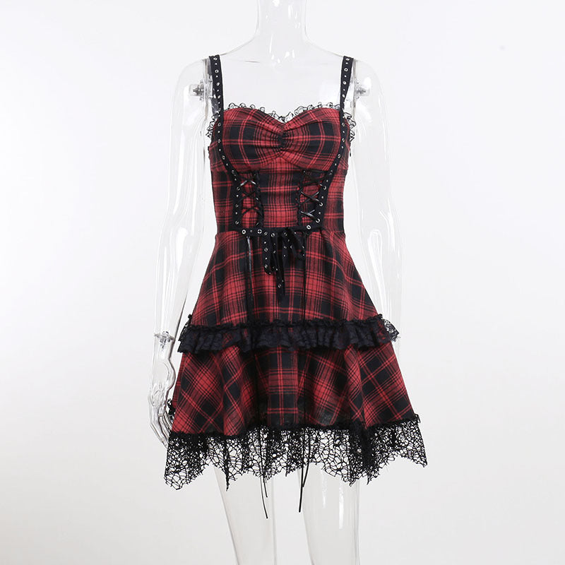 Plaid Lace-up Mini Dress