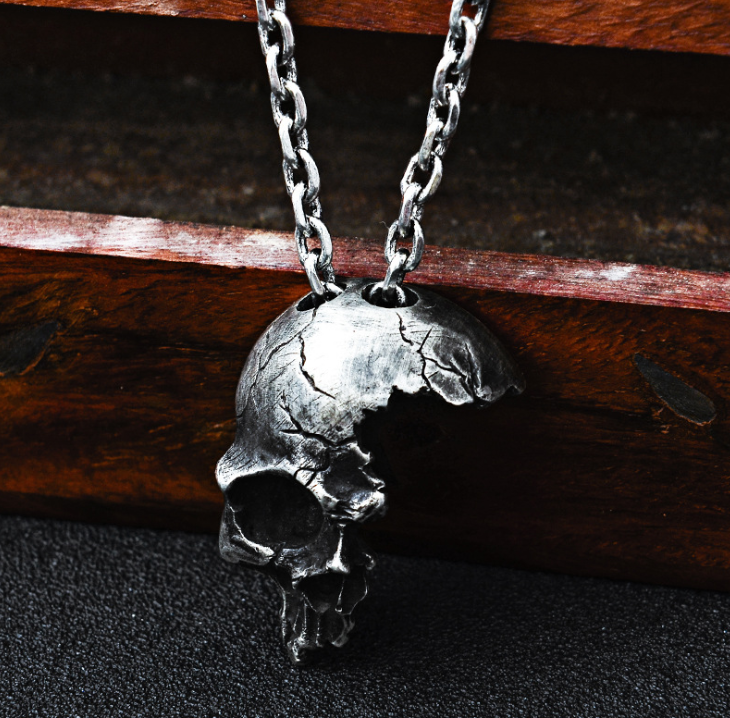 Half Face Skull Silver Necklace