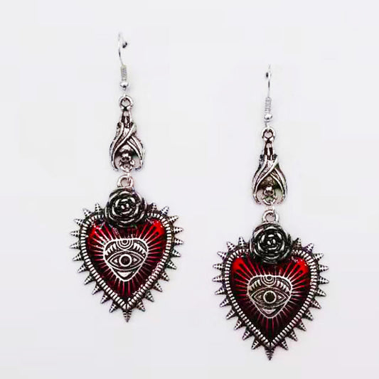 Vintage Evil Eye Red Heart Earrings